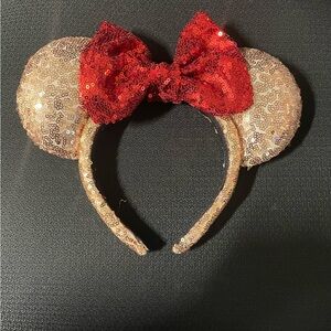 Rose Gold Sequin Mickey Ears with Sequin Red Bow